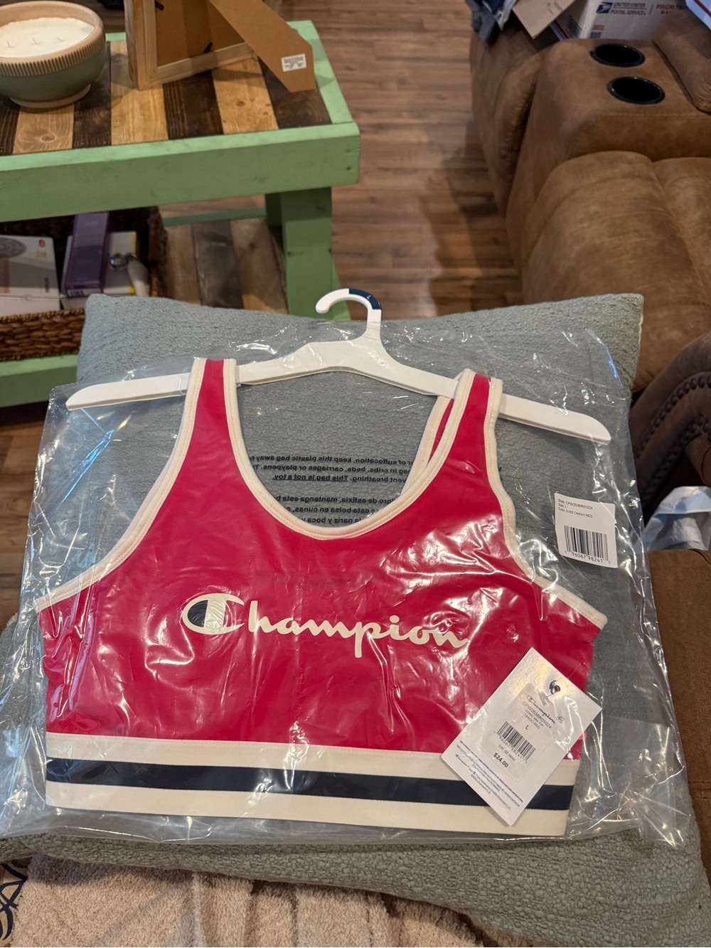 Champion Red Crop Sports Bra with Navy & White Banding